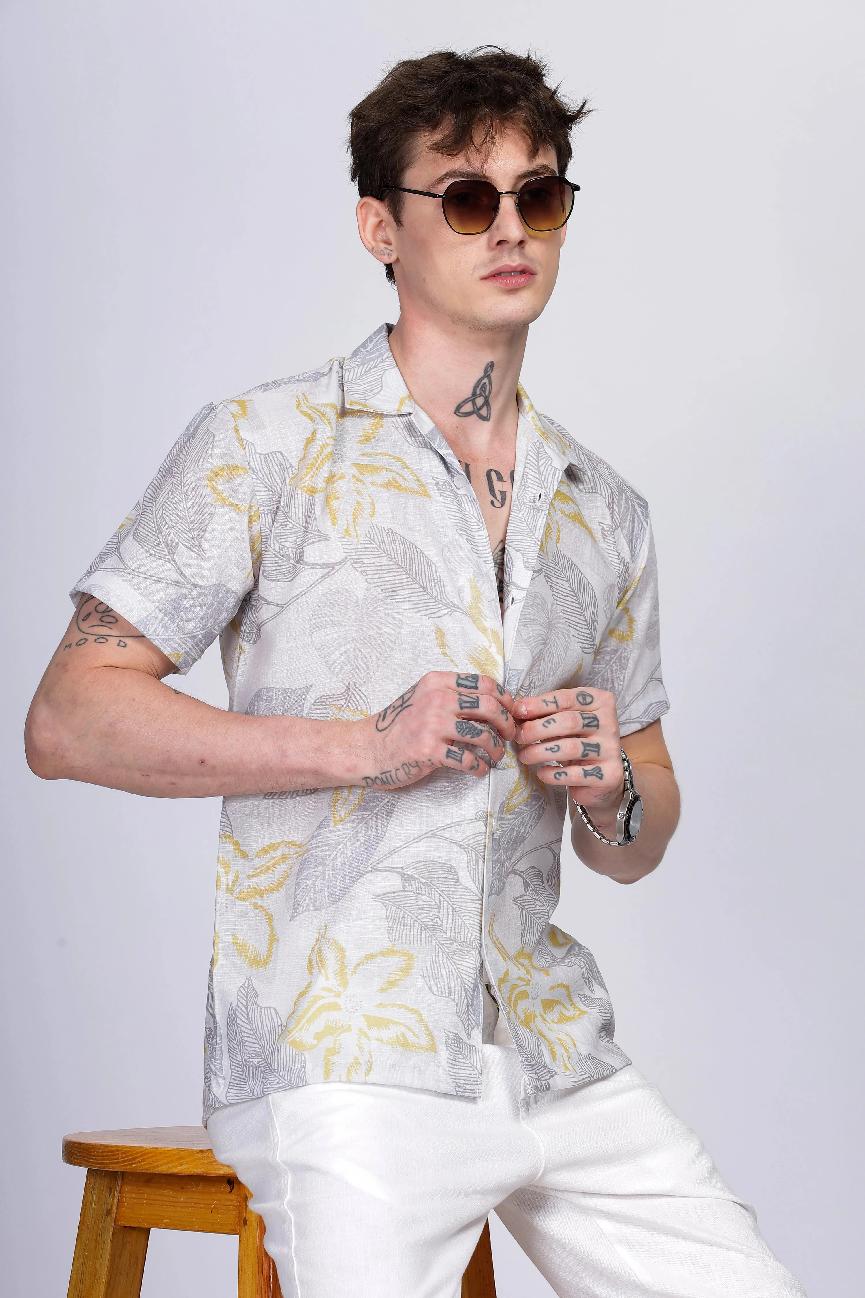 Leaf printed linen shirt for men