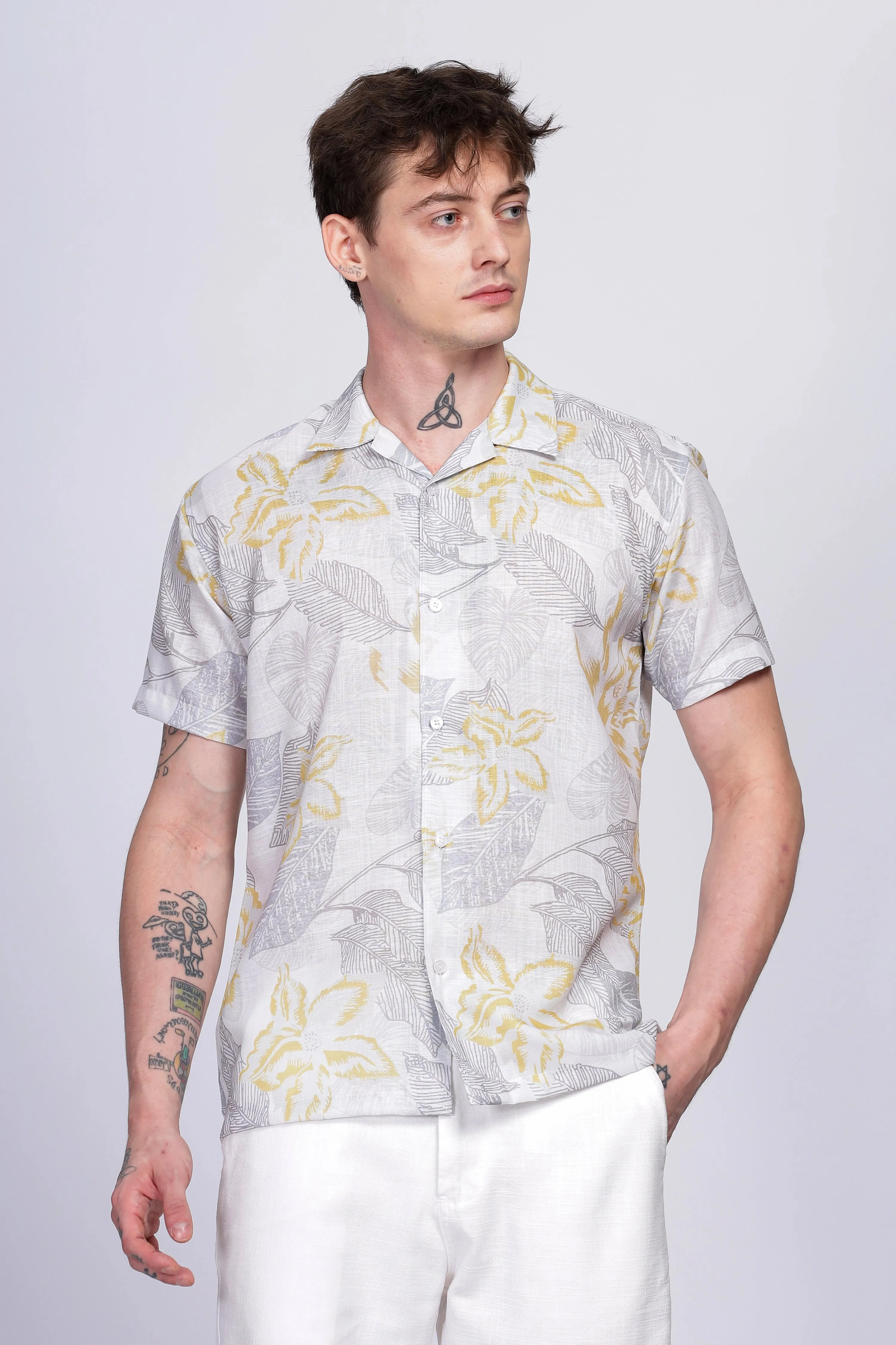 Leaf printed linen shirt for men