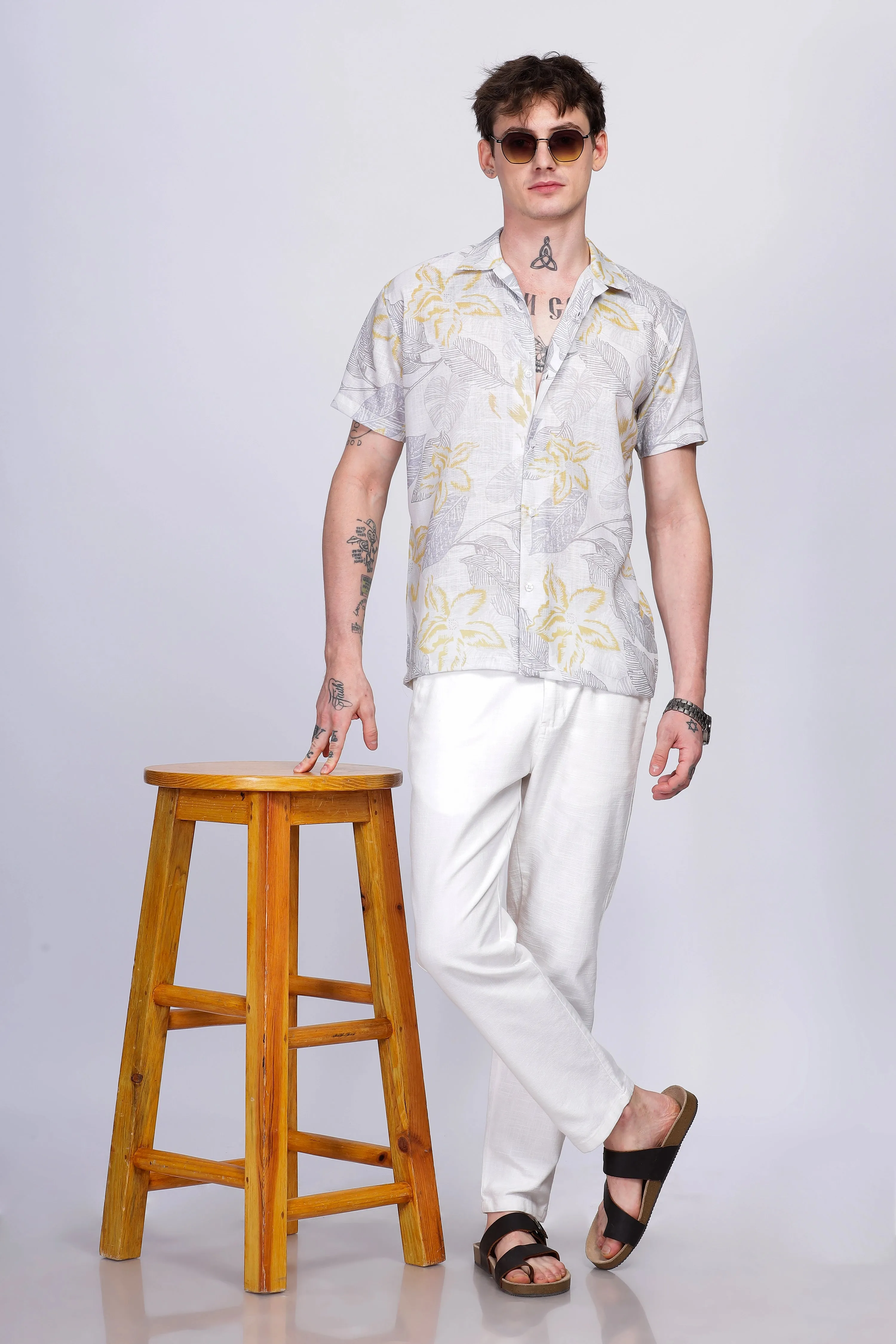 Leaf printed linen shirt for men