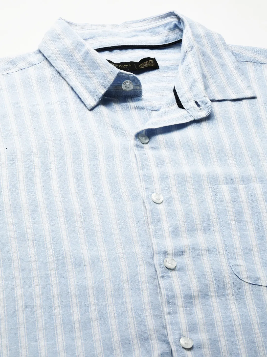 Men's Blue Linen Cotton Regular Fit Striped Shirt