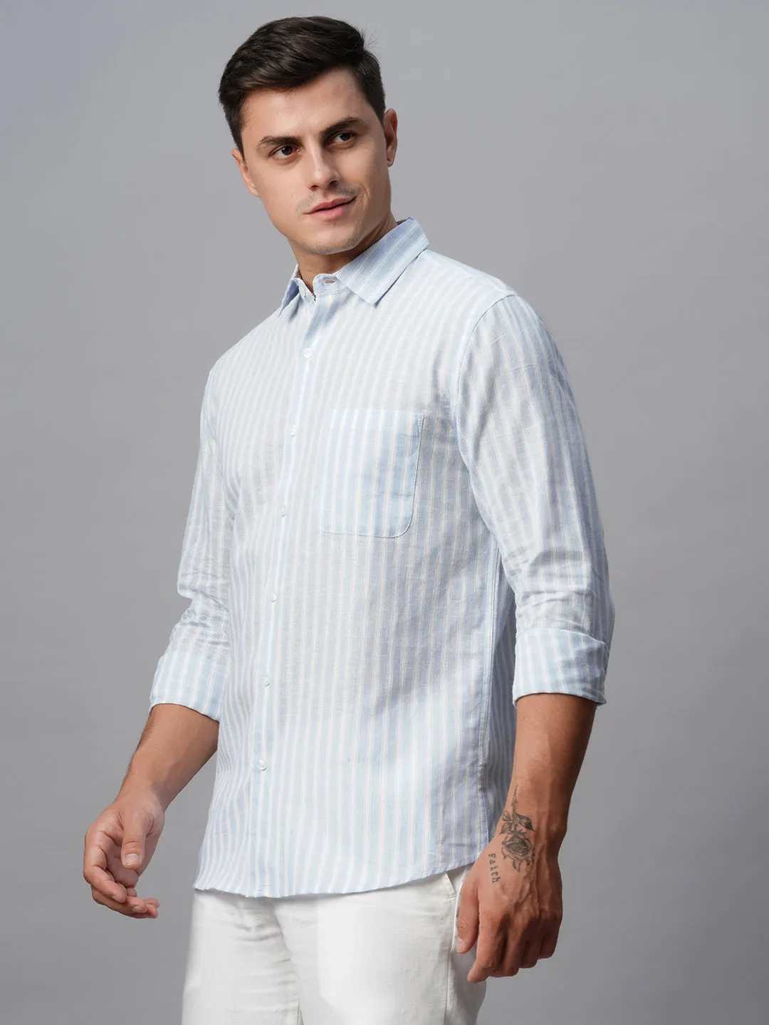 Men's Blue Linen Cotton Regular Fit Striped Shirt