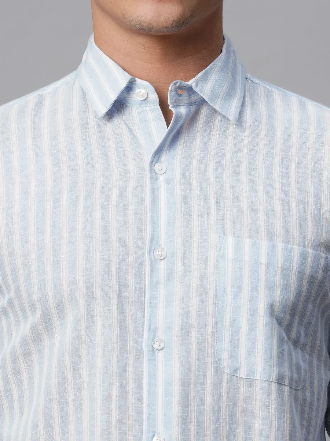 Men's Blue Linen Cotton Regular Fit Striped Shirt