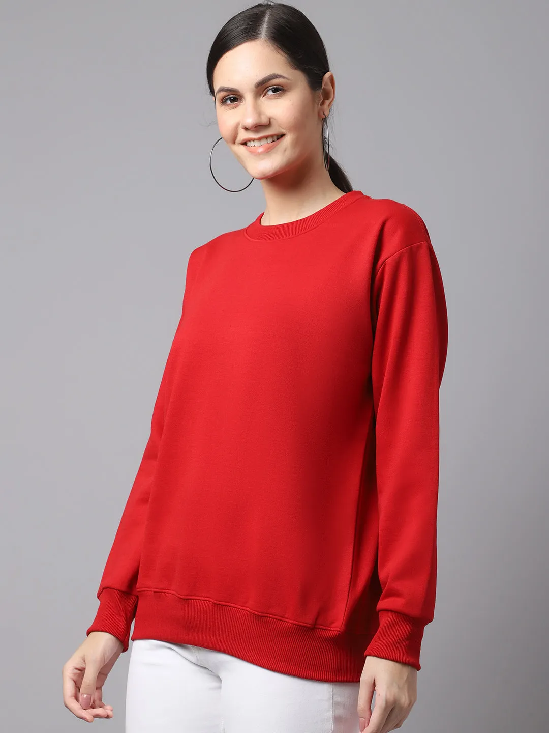 Vimal Jonney Fleece Round Neck Maroon Sweatshirt For Women